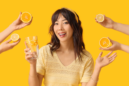 Young Asian woman with infused water and hands holding citrus fruits on yellow background