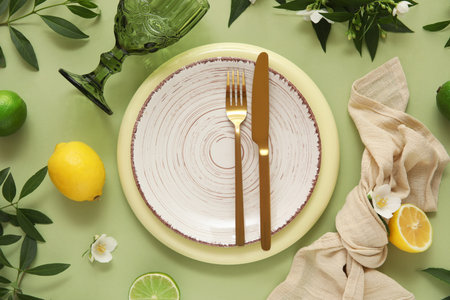 Beautiful table setting with golden cutlery, napkin, green branches and citrus fruits on green...