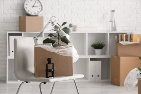 Chair with cardboard box and things in office on moving day