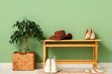 Felt hat with shoes on bench near green wall in hallway