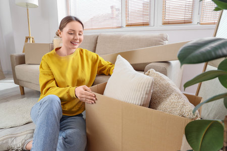 Young woman with box sitting in room on moving day