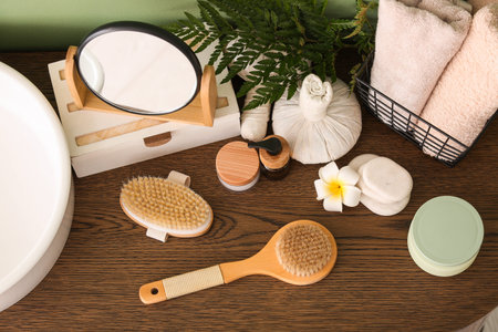Composition with different spa accessories, cosmetic products, mirror and fern leaf on wooden table
