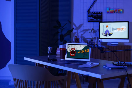 Podcaster's workplace with laptop and microphones in dark studio