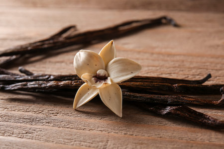 Vanilla sticks and flowers on wooden background, closeup