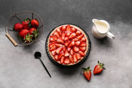 Stand with sweet strawberry tart and jug of fresh milk on grunge backgroundの写真素材