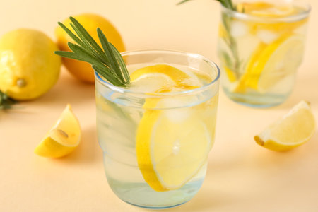 Glasses of fresh lemonade with rosemary and lemons on beige background, closeupの写真素材