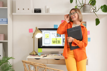 Female web designer with graphic tablet in officeの写真素材