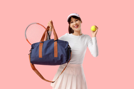 Female tennis player with sports bag and ball on pink backgroundの写真素材