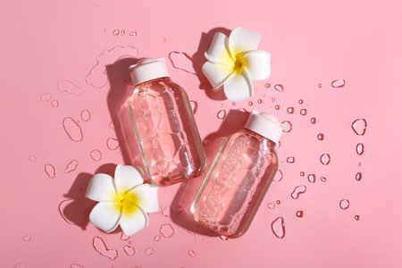 Bottles of micellar water, plumeria flowers and water drops on pink background, closeupの写真素材