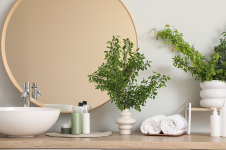 Interior of bathroom with green branches near sinkの写真素材
