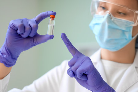 Female scientist pointing at ampule on green background, closeupの写真素材