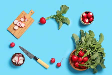 Composition with ripe radish on blue backgroundの写真素材