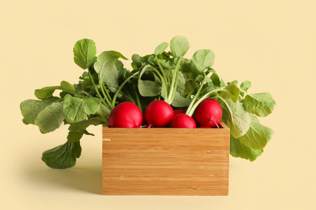 Box of ripe radish on beige backgroundの写真素材