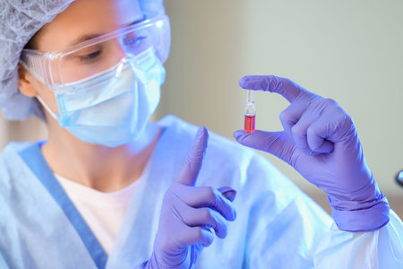 Female scientist pointing at ampule in laboratory, closeup