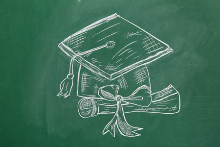 Drawn graduation hat with diploma on green chalkboardの写真素材