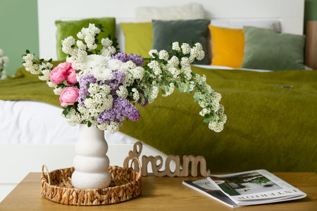 Vase of beautiful flowers bouquet and magazines on table near bed in stylish spring bedroomの写真素材