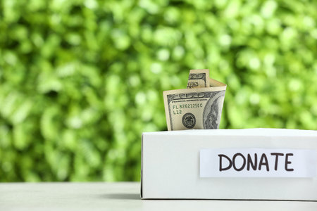 Box for donation and dollar banknote on table outdoorsの写真素材