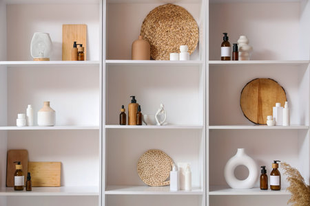 Different bath products on white shelvesの写真素材