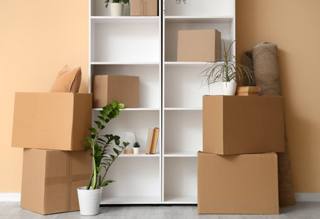 Shelf unit with plants and moving boxes near beige wall in roomの写真素材