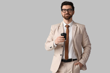 Handsome businessman in stylish beige suit with coffee cup on light backgroundの写真素材