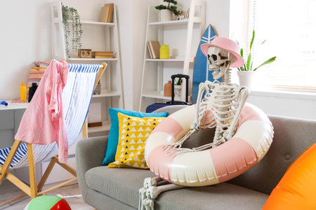 Human skeleton with beach accessories on sofa in living roomの写真素材