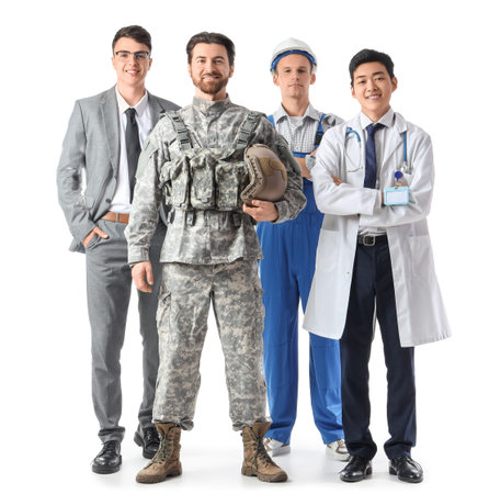 Young businessman with soldier, engineer and Asian doctor on white background