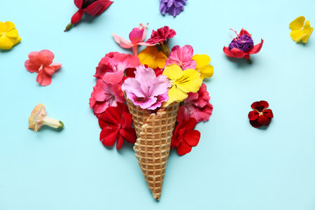 Waffle cone with different beautiful edible flowers on blue backgroundの写真素材
