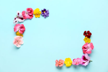 Frame made of different beautiful edible flowers on blue backgroundの写真素材