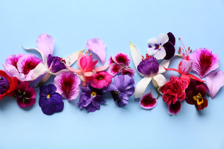 Different beautiful edible flowers on blue backgroundの写真素材