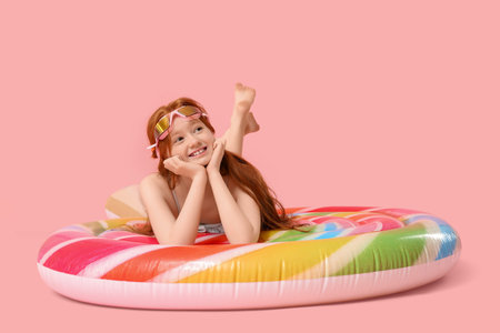 Little redhead girl lying on inflatable mattress against pink background