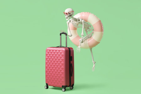 Human skeleton with swim ring and suitcase flying on green background. Travel conceptの写真素材