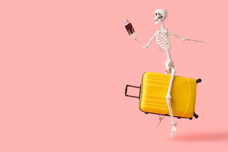 Human skeleton with passport and suitcase flying on pink background. Travel conceptの写真素材