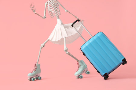 Human skeleton in roller skates with suitcase on pink background. Travel conceptの写真素材