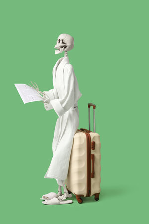 Human skeleton in bathrobe with newspaper and suitcase on green background. Travel conceptの写真素材