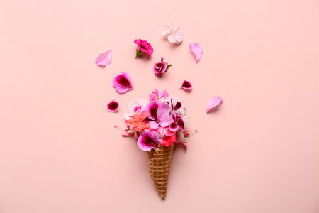 Waffle cone with different beautiful edible flowers on pink backgroundの写真素材