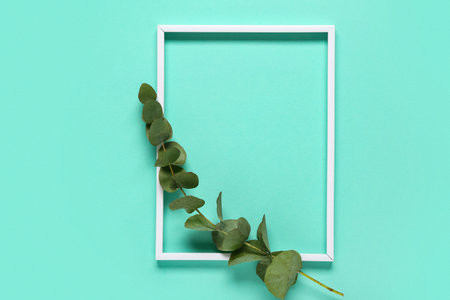 Frame with green eucalyptus branch on turquoise backgroundの写真素材