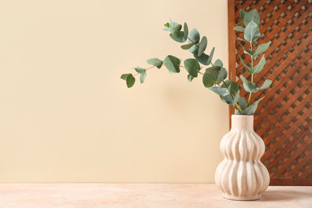 Vase with green eucalyptus branches on beige backgroundの写真素材
