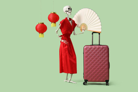 Human skeleton with fan, Asian lanterns and suitcase on green background. Travel conceptの写真素材