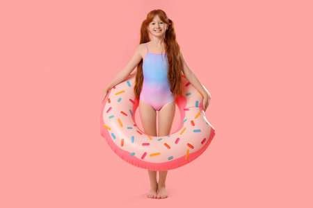 Little redhead girl with inflatable ring on pink backgroundの写真素材