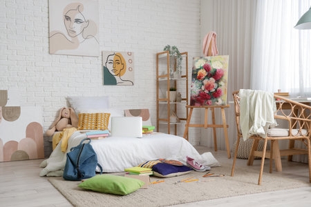 Interior of messy children's room with bed, easel and tableの写真素材