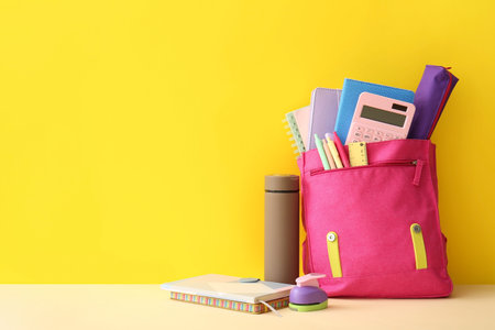 Thermos and school backpack with stationery on yellow background