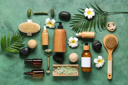 Beautiful composition with different spa supplies, plumeria flowers and palm leaves on green backgroundの写真素材