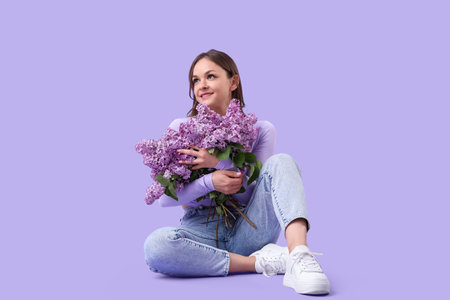 Beautiful young woman with blooming lilac flowers sitting on color backgroundの写真素材