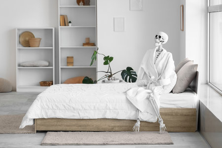 Human skeleton with bathrobe sitting in bedroomの写真素材