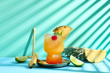 Glass of tasty Mai Tai cocktail garnished with cherry and pineapple on blue background