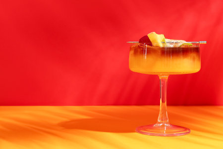 Glass of tasty Mai Tai cocktail garnished with lime and pineapple on orange table against red...