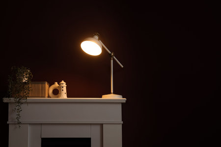 Fireplace with books, houseplant and glowing lamp near red wall at night