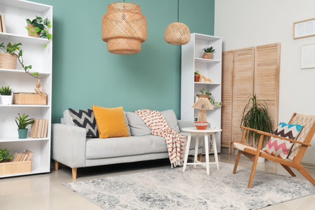 Interior of stylish living room with gray sofa, table and shelf units