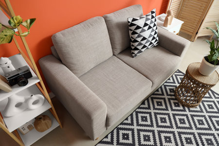 Interior of stylish living room with gray couch, tables and shelf unit