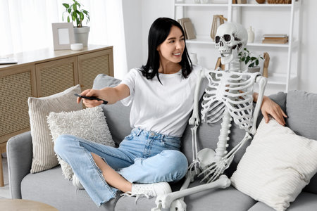 Young woman with human skeleton watching TV on sofa at home